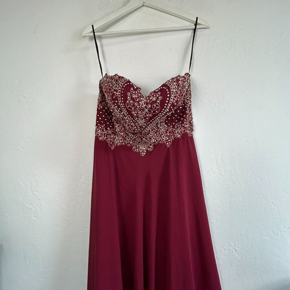 Lulus Royal Romance Burgundy Strapless Rhinestone Maxi Dress Medium Evening Gown